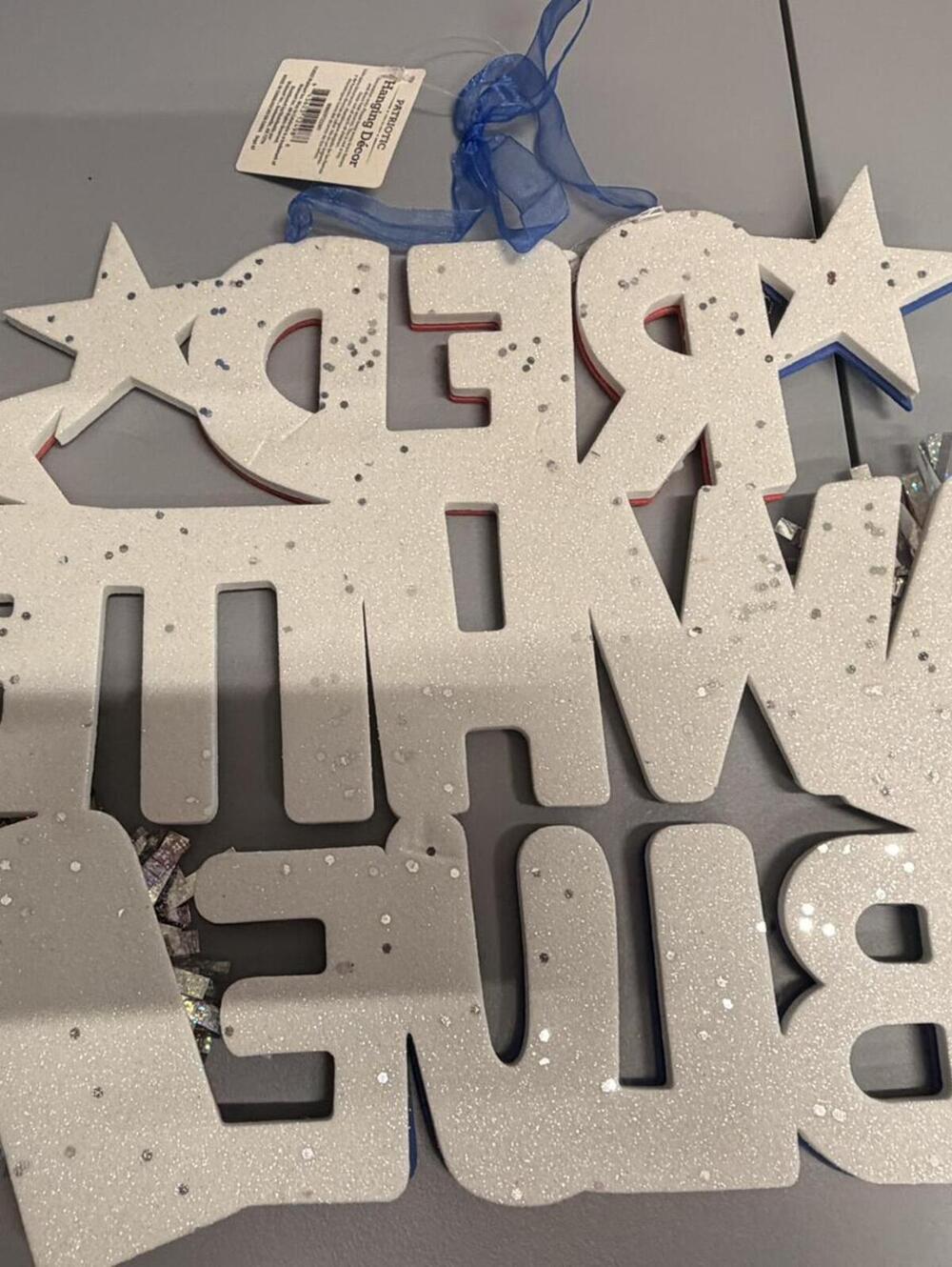 Patriotic RED WHITE BLUE Glitter Hanging Decor Wall Sign - Picture 3 of 5